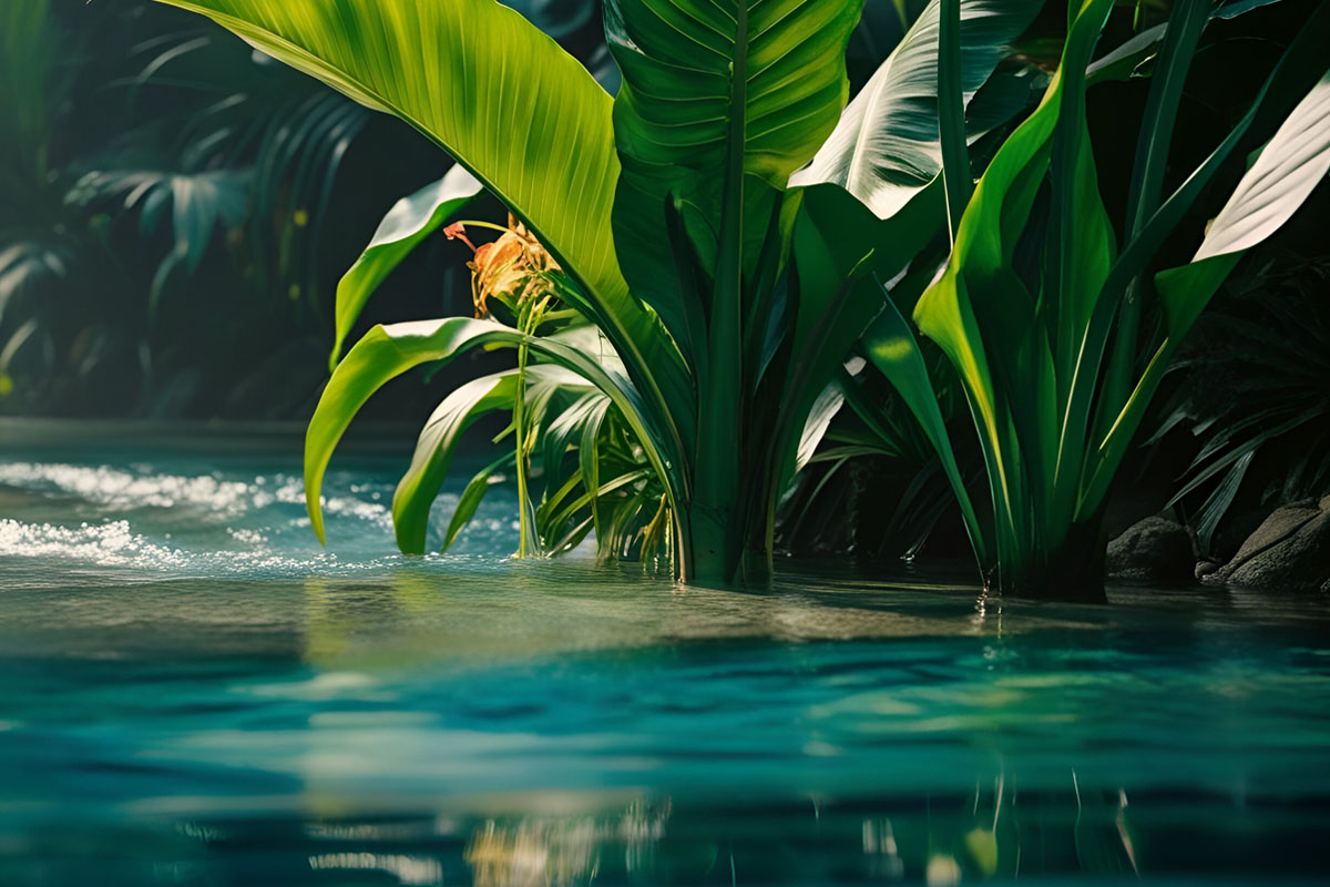 Vegetación tropical junto a un cauce de agua clara, reflejando el compromiso medioambiental de Alemparte.